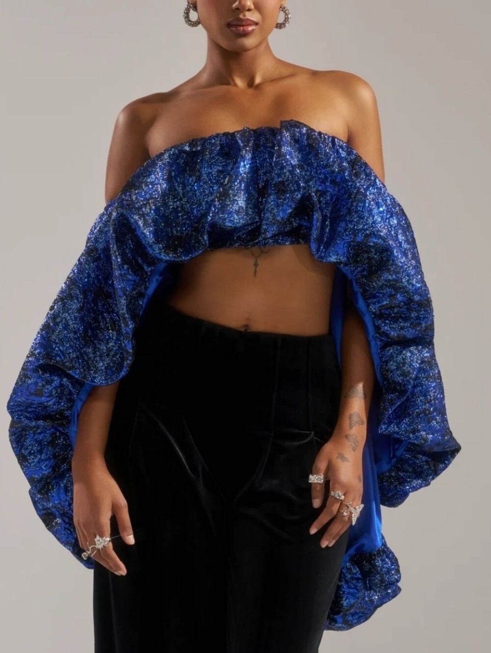 Brocade Blue Off-Shoulder Ruffle Crop Top